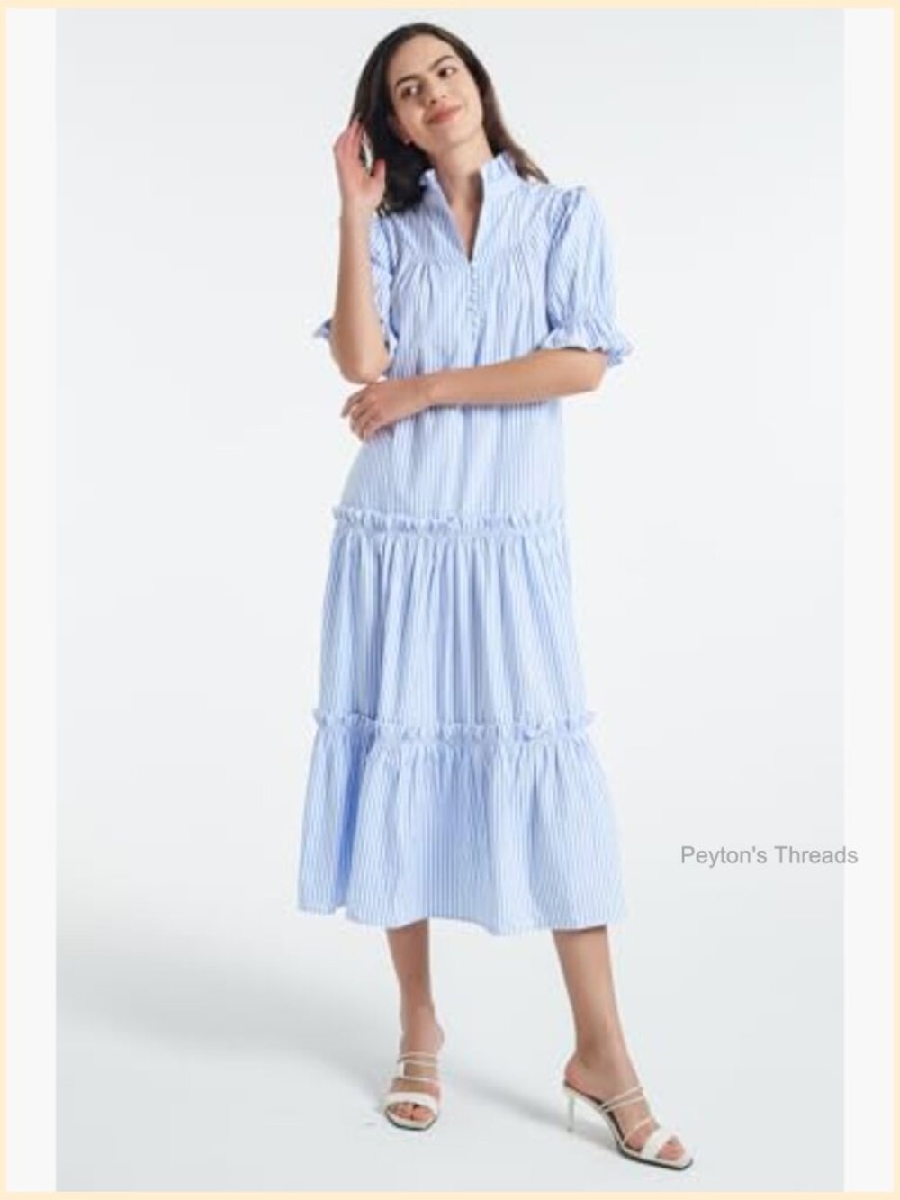 Women Casual Button Down Maxi Dress Short Puff Sleeves Stand Collar Tiered - Picture 2 of 7